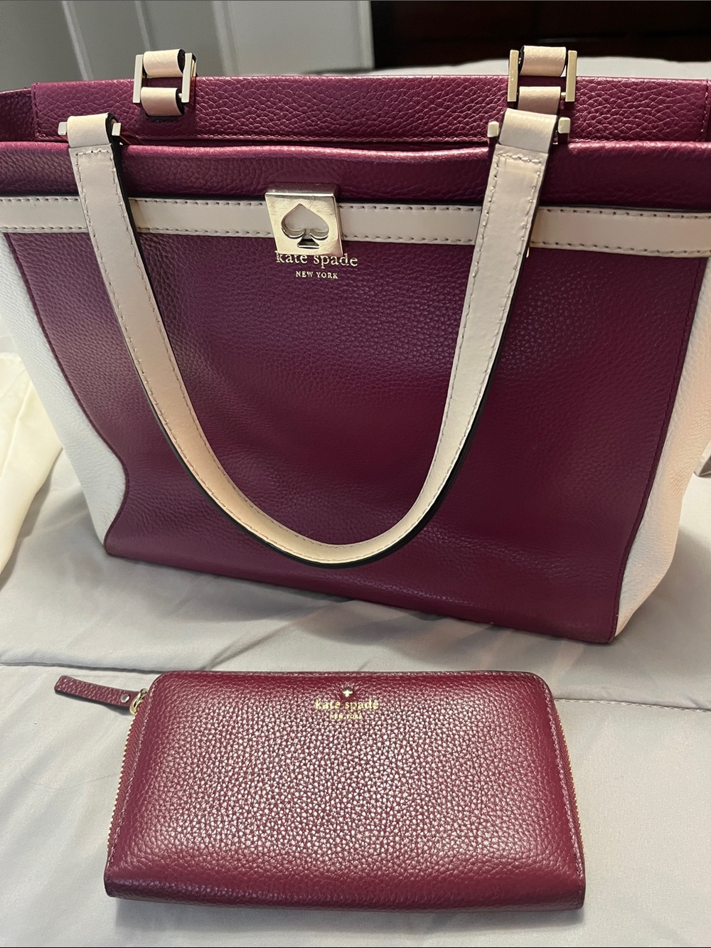 kate spade Two-Tone Berry and Cream Tote with Matching Berry Wallet